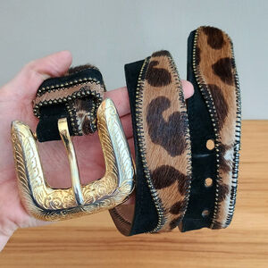 Vintage Streets Ahead Belt Black Suede Leather Cheetah Print Fur Beaded Western
